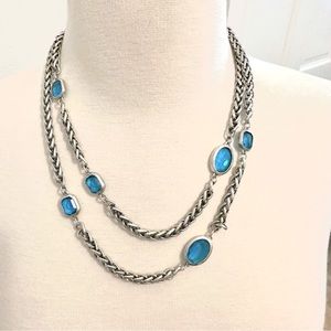 Aquamarine faceted stones on Long braided chain necklace -wear long or short